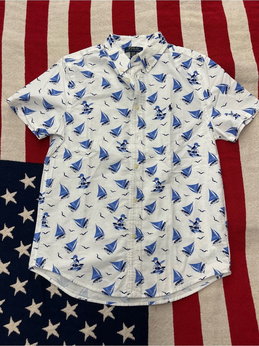 Polo by Ralph Lauren White Short-Sleeve Sailboat Print Shirt Boys Size XL 18/20